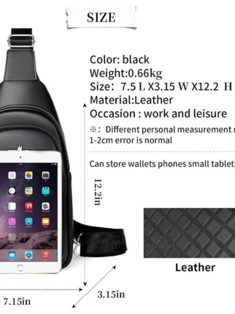 Men's Black Leather Chest Bag Water Resistant Sling Crossbody Backpack